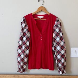 LOFT Vibrant Holiday Red Blouse with Plaid Sleeves Size L / heritage plaid